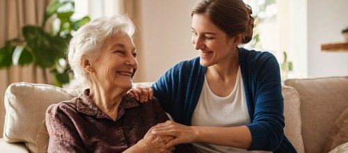 Eine Betreuerin legt einer lächelnden Seniorin fürsorglich die Hand auf die Schulter
